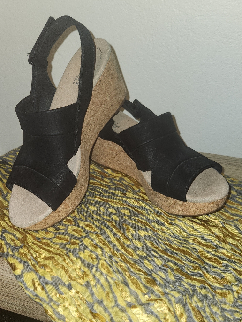 Clarks Black Cork Wedge Sandals with Slingback